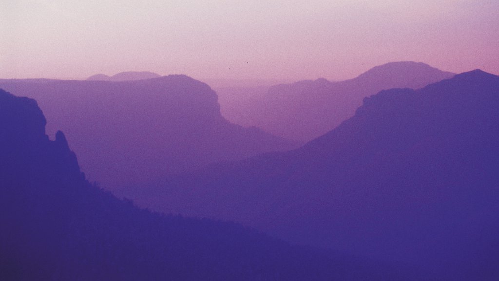 Blue Mountains showing landscape views, mist or fog and mountains