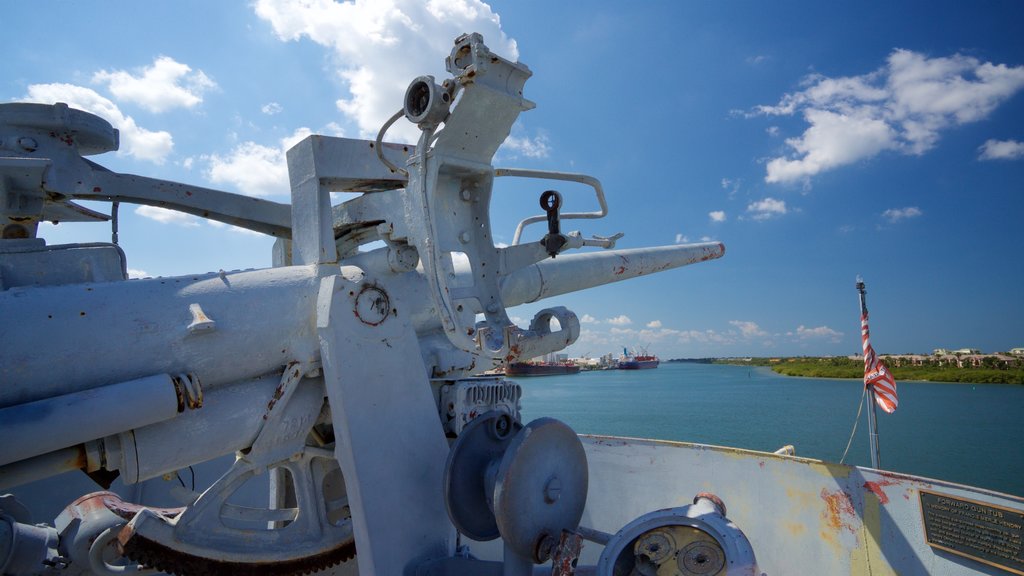 American Victory Ship Mariners Memorial Museum showing a marina and military items