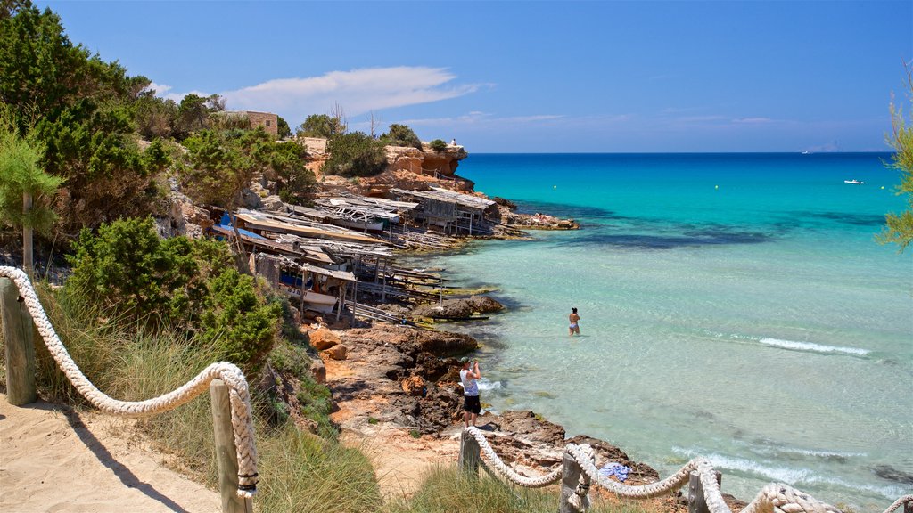 Cala Saona que incluye vistas generales de la costa y costa rocosa