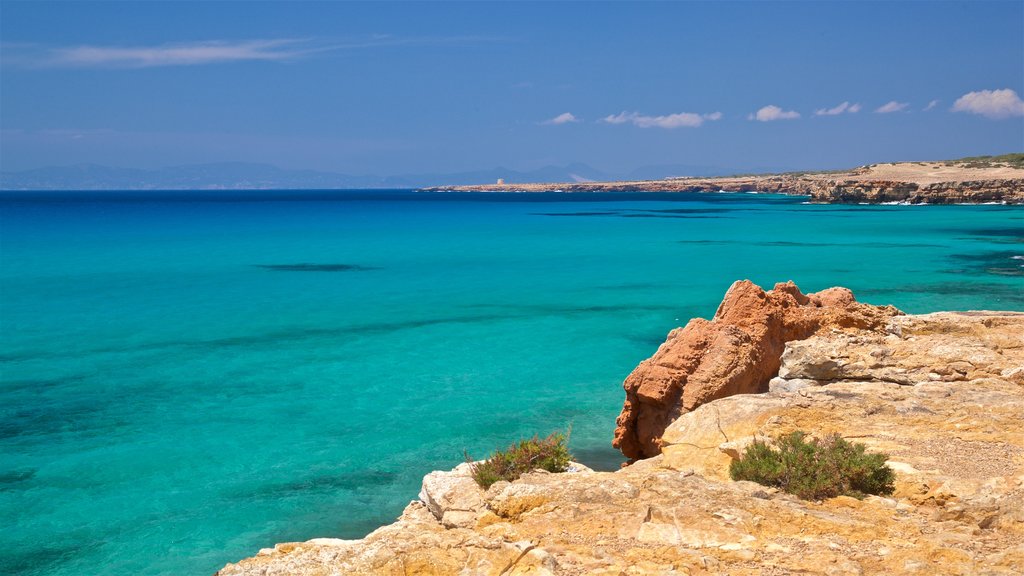 Cala Saona ofreciendo costa rocosa y vista general a la costa