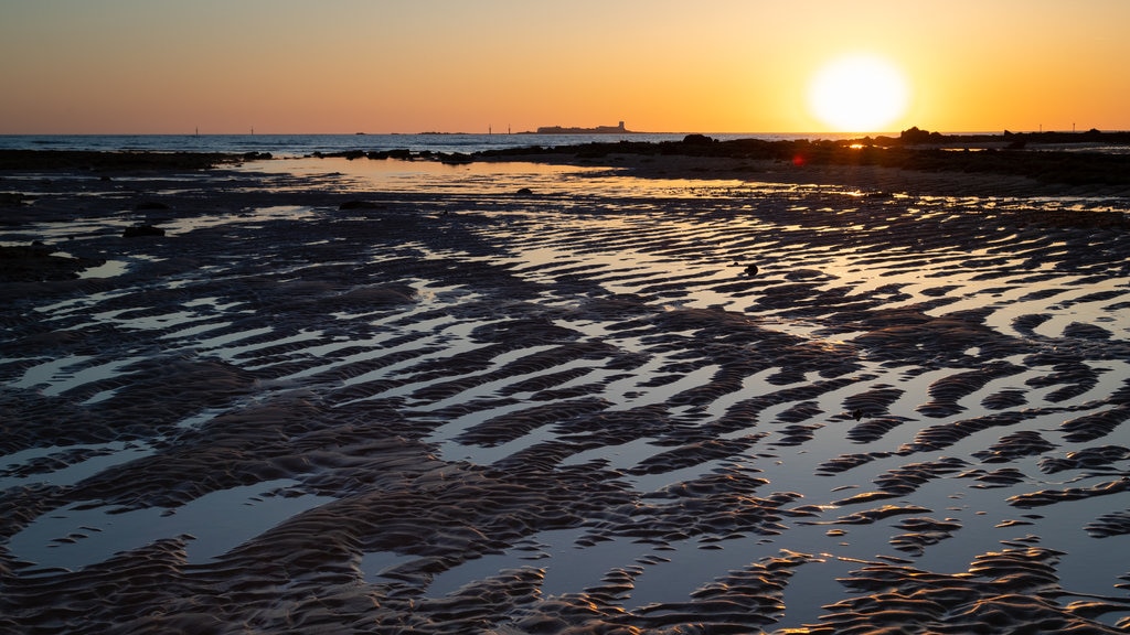 Playa de La Barrosa que incluye un atardecer, vista general a la costa y una playa