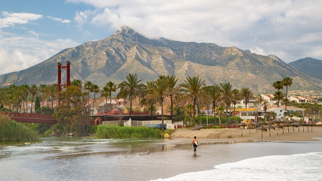 Playa de Puerto Banús que incluye vista general a la costa, montañas y una ciudad costera