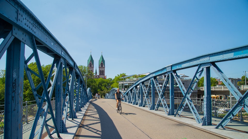 Ponte Azul mostrando uma ponte e ciclismo assim como um homem sozinho