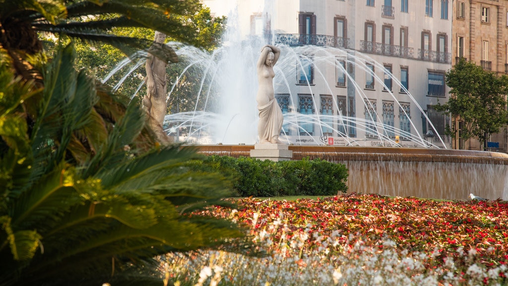 Plaça de Catalunya que inclui um jardim, uma estátua ou escultura e flores