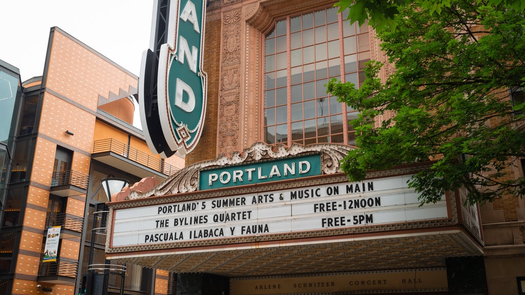 Arlene Schnitzer Concert Hall which includes signage and a city