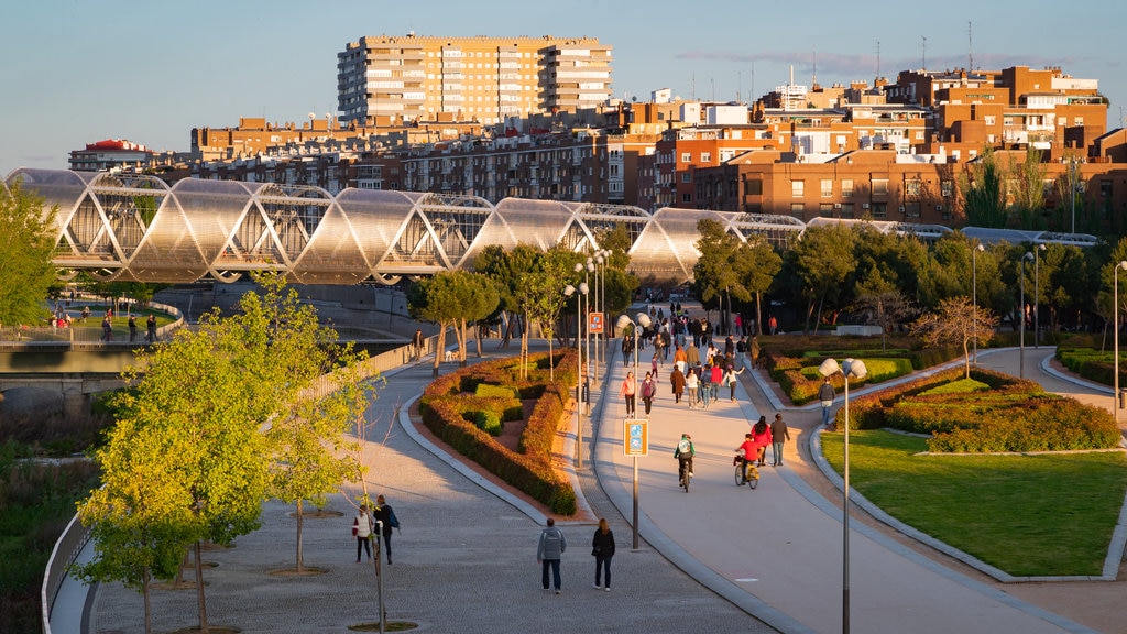 Puente monumental del parque de Arganzuela que incluye un parque, una puesta de sol y un puente