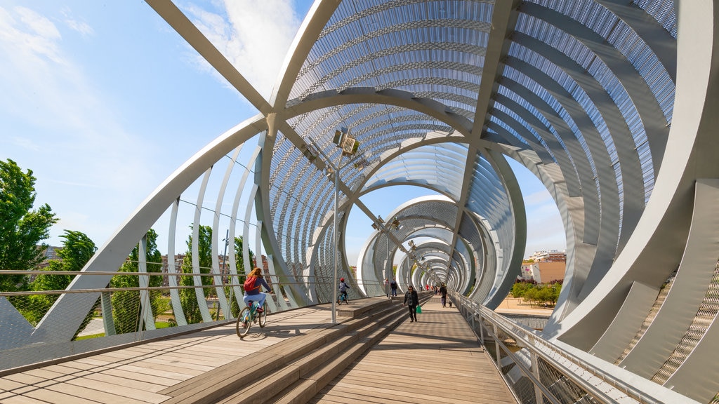 Puente Monumental Parque de Arganzuela showing modern architecture, cycling and a bridge