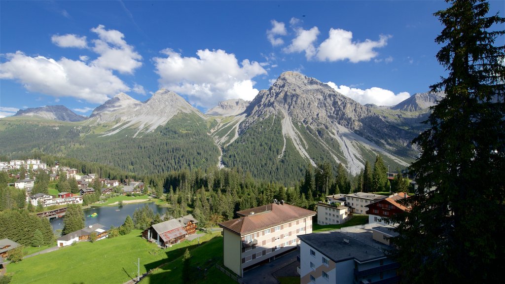 Arosa which includes mountains, landscape views and a small town or village