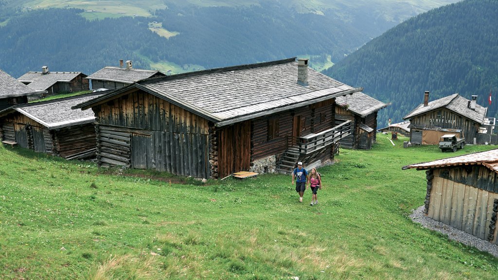 Davos caracterizando escalada ou caminhada e uma cidade pequena ou vila assim como um casal