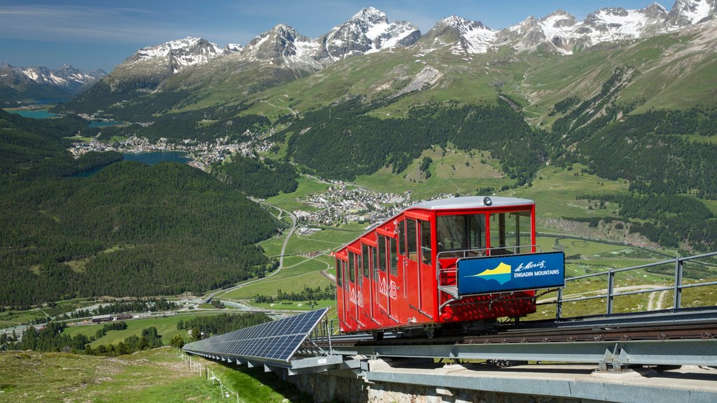 St. Moritz featuring landscape views, railway items and tranquil scenes