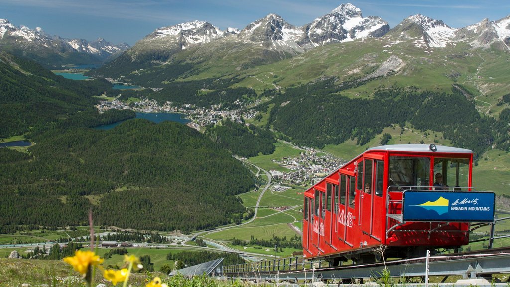 Saint-Moritz qui includes paysages paisibles, éléments ferroviaires et paysages