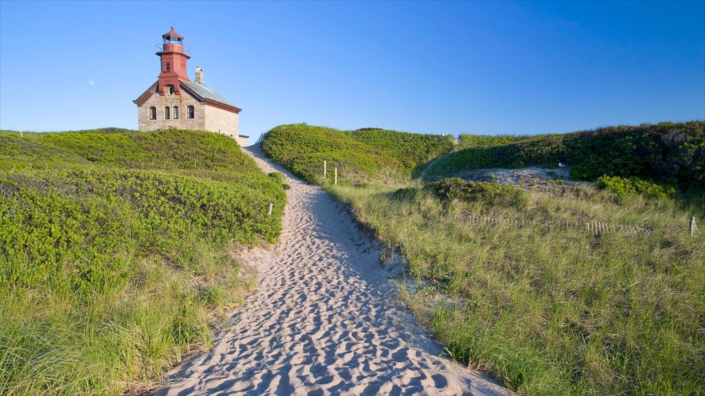 Block Island showing a lighthouse and landscape views