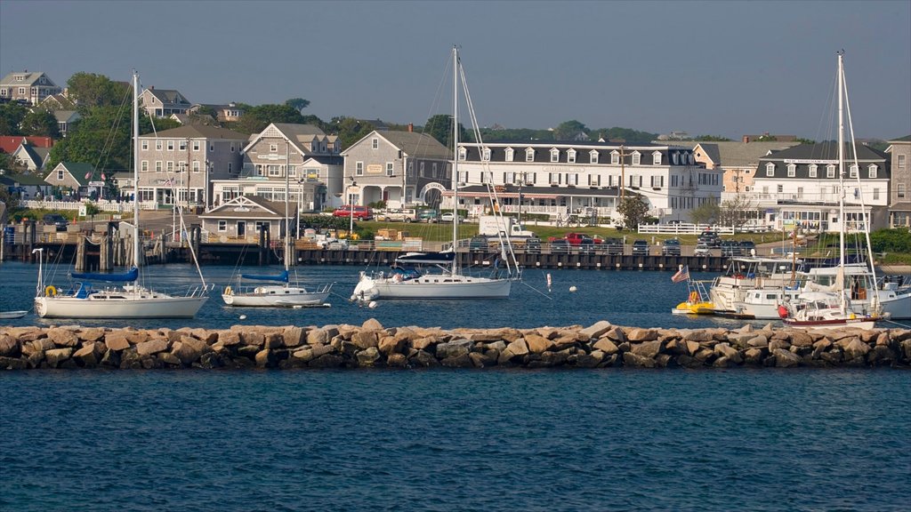 Block Island showing landscape views, a bay or harbour and boating