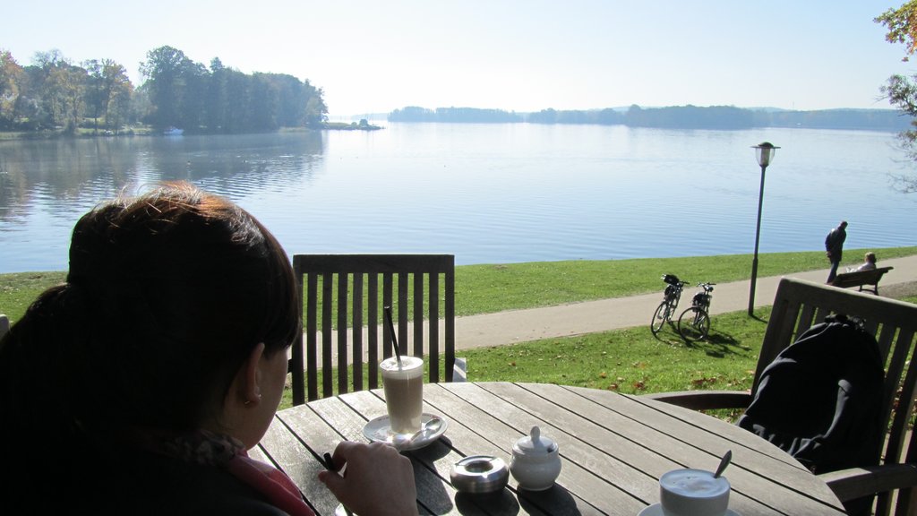 Bad Saarow qui includes dans un café et un lac ou un point d’eau aussi bien que une femme seule