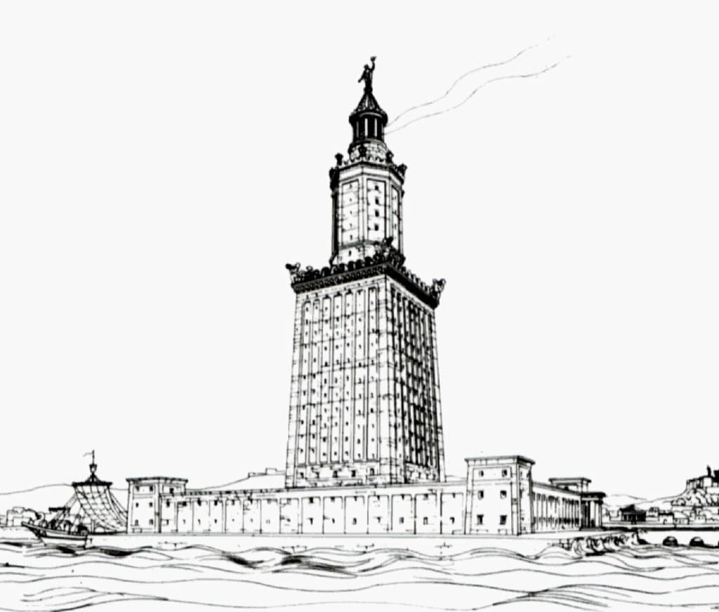 Il Faro di Alessandria secondo una ricostruzione del 1909 dell'archeologo Thiersch - Le 7meraviglie del mondo antico - By Prof. Hermann Thiersch (1874-1939)  , via Wikimedia Commons