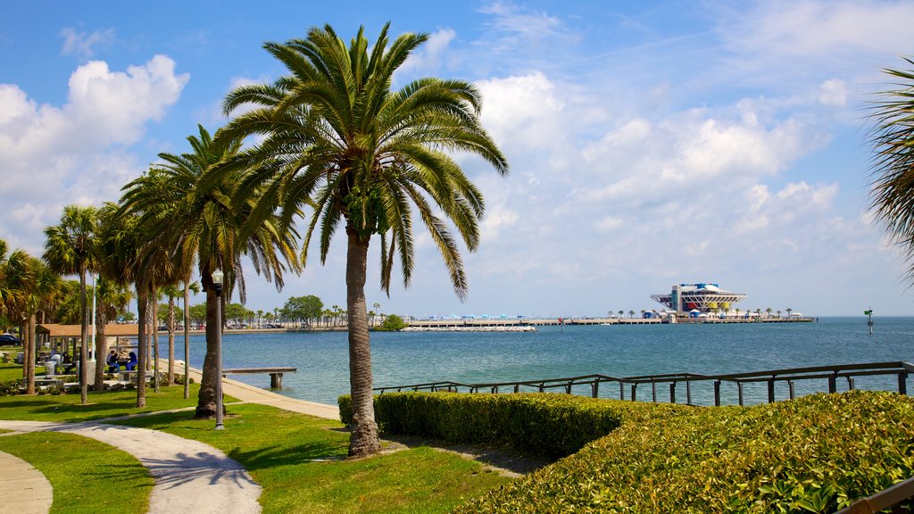 Demens Landing Park showing a bay or harbour, a garden and general coastal views