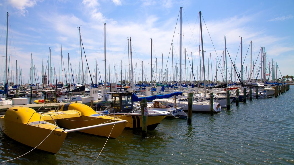 Demens Landing Park showing a bay or harbour, boating and a coastal town