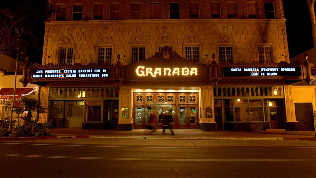 Santa Barbara showing night scenes, street scenes and a small town or village