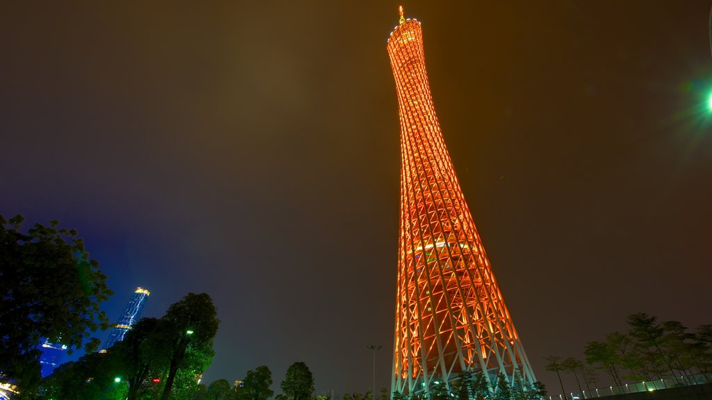 Canton Tower which includes night scenes, a skyscraper and modern architecture