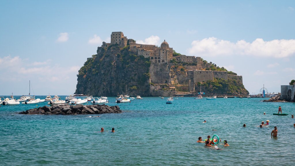 Aragonese Castle which includes general coastal views, island views and swimming