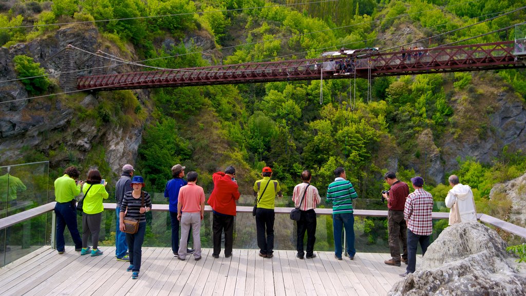 Kawarau Suspension Bridge showing hiking or walking, views and a bridge