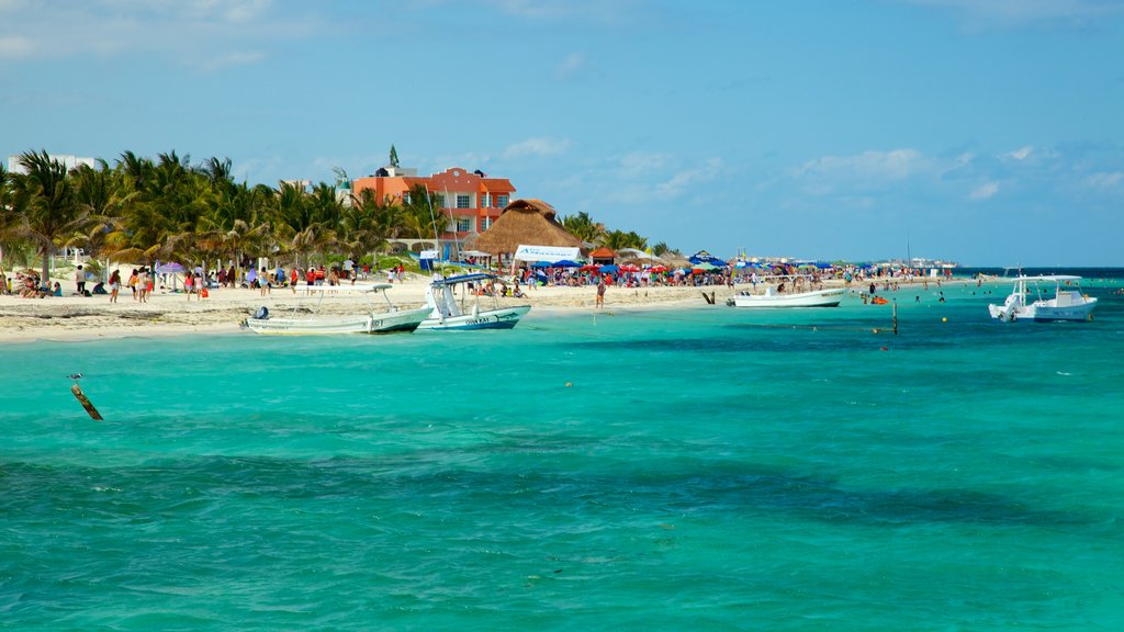 Puerto Morelos mostrando escenas tropicales, una playa de arena y una ciudad costera