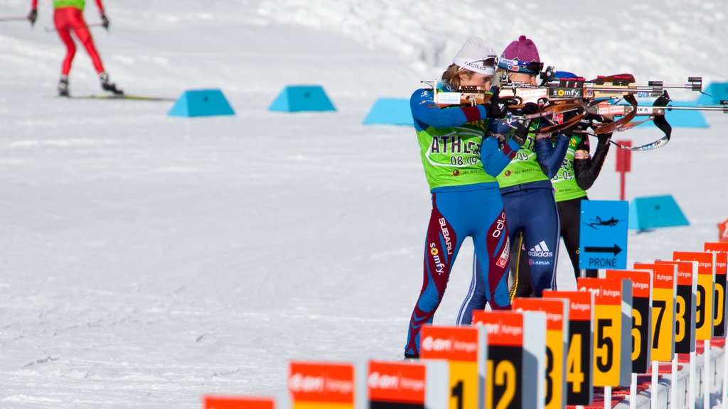 Whistler Olympic Park which includes a sporting event and snow as well as a small group of people