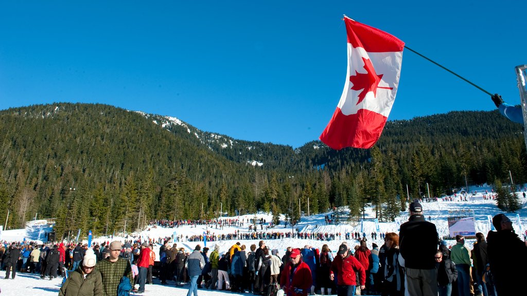 Whistler Olympic Park showing landscape views, snow and a sporting event