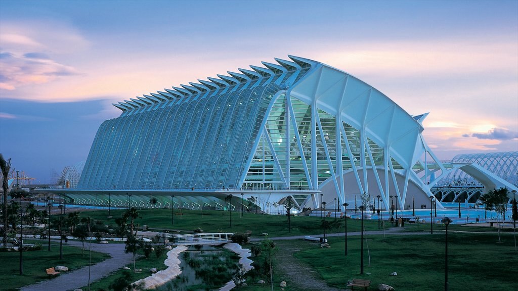 City of Arts and Sciences which includes modern architecture, a sunset and a city