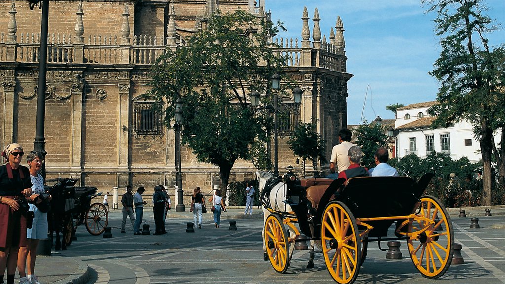 Seville Cathedral featuring a square or plaza, religious elements and horse riding