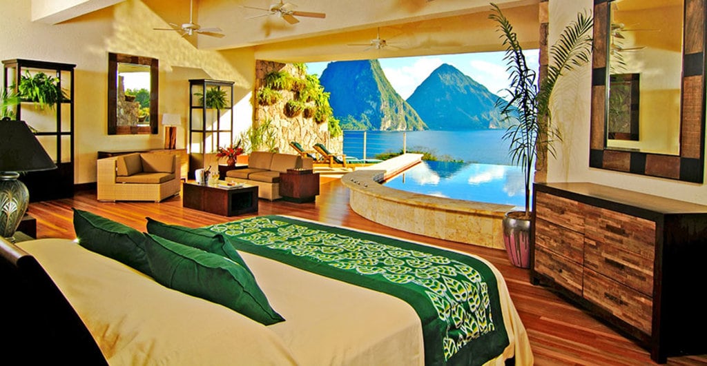 Rilassante veduta da una delle camere del Jade Mountain. Courtesy of Jade Mountain Saint Lucia