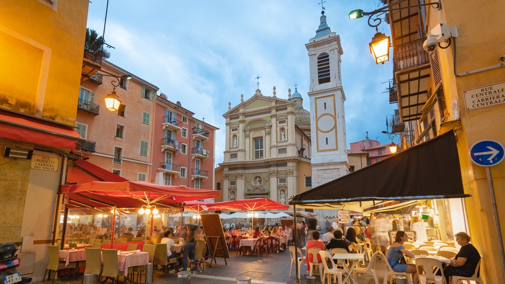 Catedral de Nice mostrando arquitetura de patrimônio, uma igreja ou catedral e jantar ao ar livre