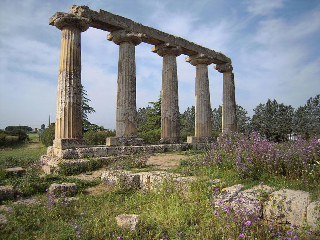 Metaponto: Tavole Palatine, colonnato meridionale del tempio di Hera. Battlelight (own work), CC BY-SA 3.0 via Wikimedia Commons.