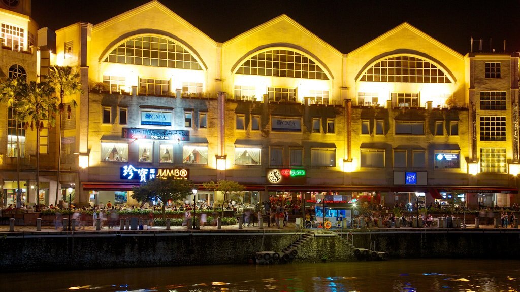 Clarke Quay which includes nightlife and night scenes