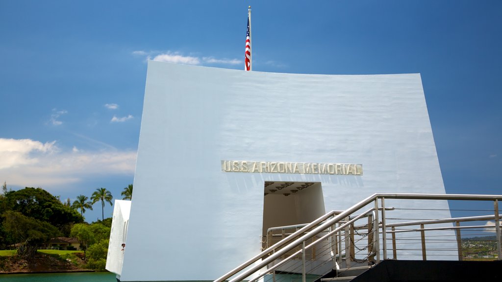 USS Arizona Memorial showing military items, a monument and a memorial