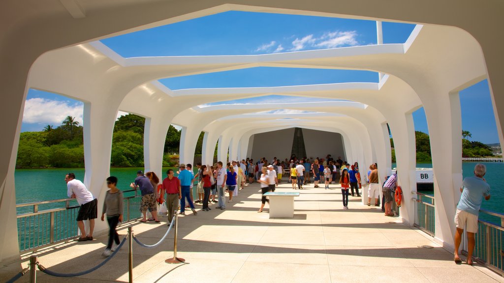 USS Arizona Memorial showing views as well as a large group of people