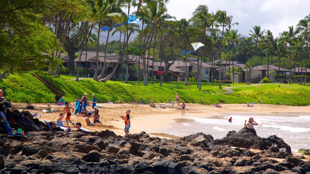 Pantai Wailea menampilkan kota pesisir, alam tropis dan pantai berkerikil