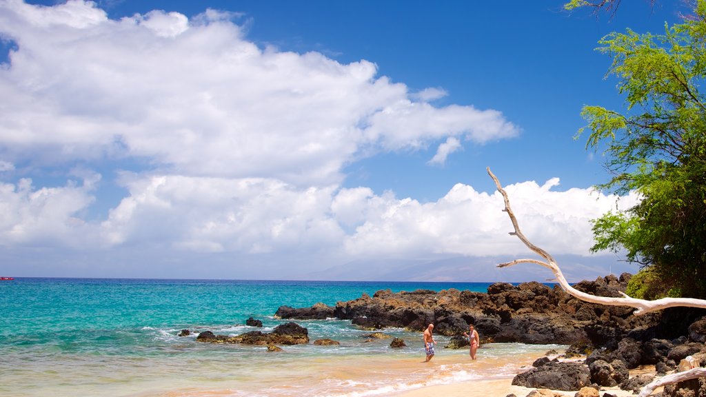 Maluaka Beach which includes a sandy beach, rugged coastline and landscape views