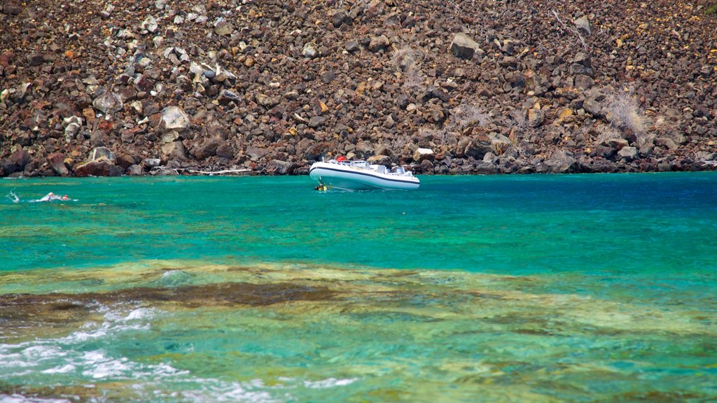 Captain Cook Monument showing rocky coastline and boating