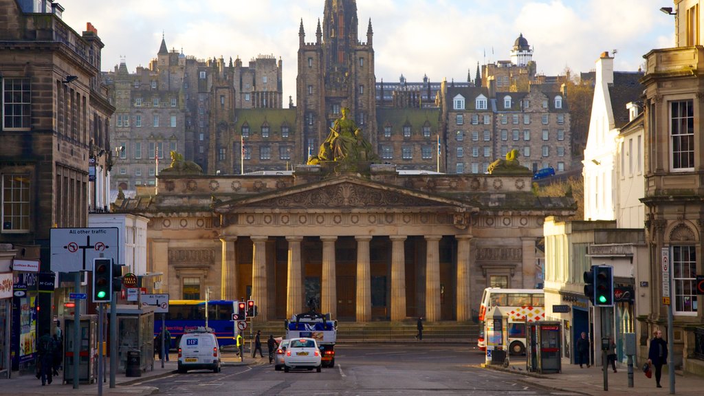 National Gallery of Scotland showing art, a city and a castle