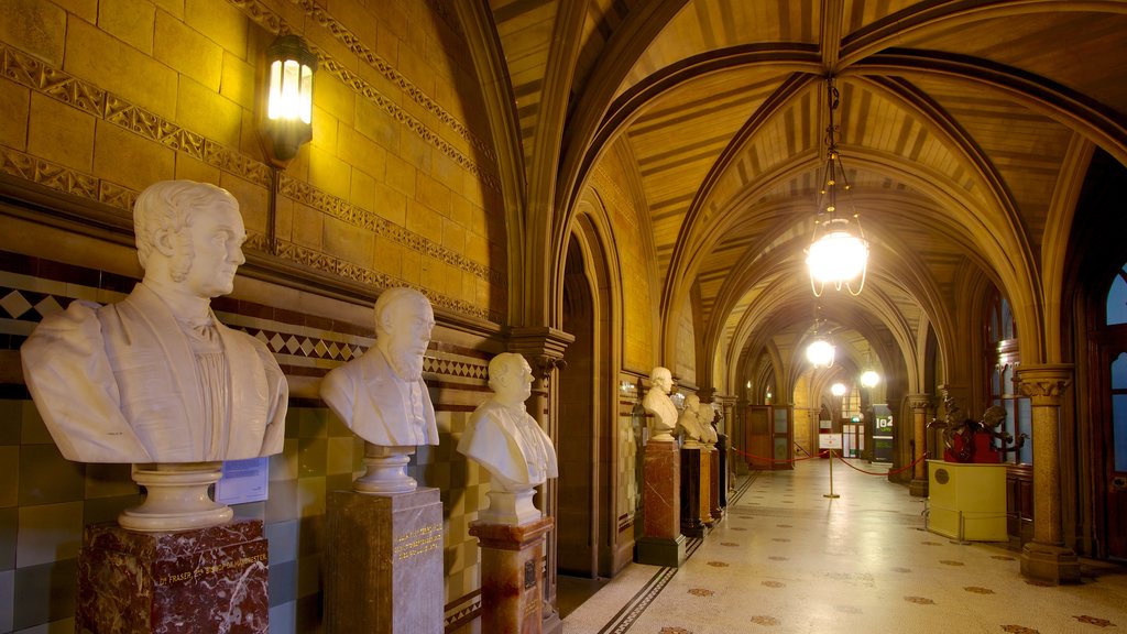 Manchester City Hall showing a statue or sculpture, interior views and heritage architecture