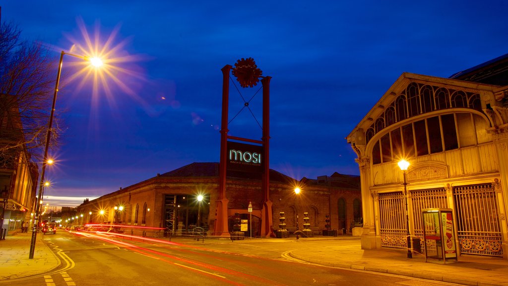 Museum of Science and Industry showing a sunset, a city and street scenes