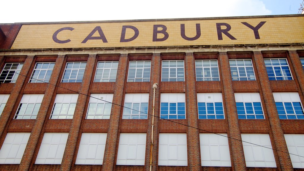 Cadbury World showing heritage architecture, city views and signage