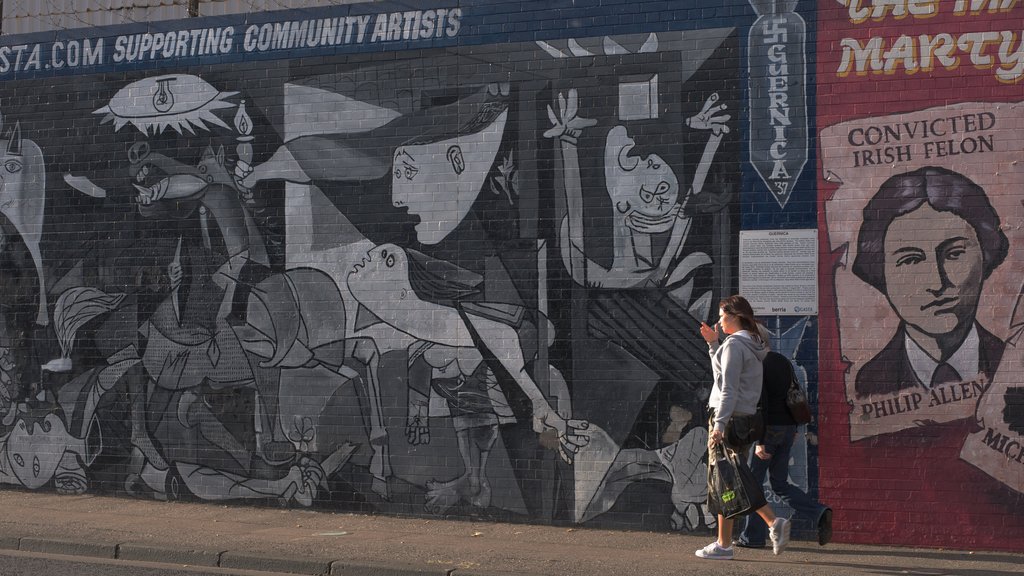 Belfast featuring signage, outdoor art and a city