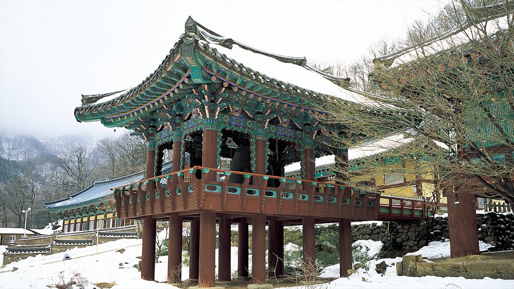 Templo Sinheungsa caracterizando arquitetura de patrimônio, neve e um templo ou local de adoração