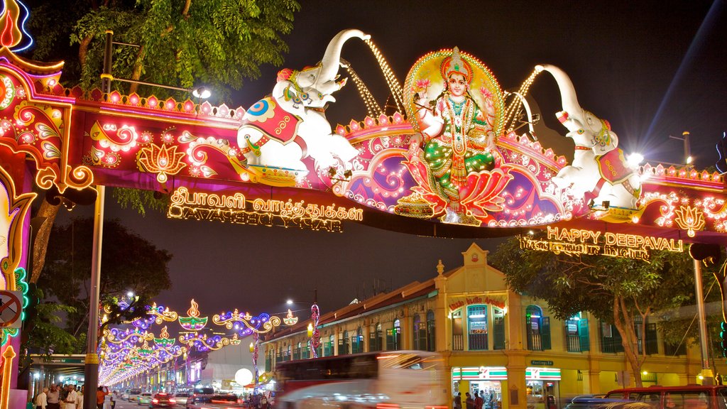 Little India showing a city, street scenes and night scenes