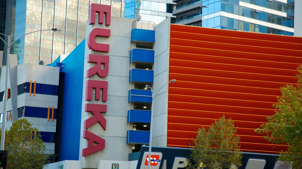 Eureka Tower showing a city, signage and modern architecture