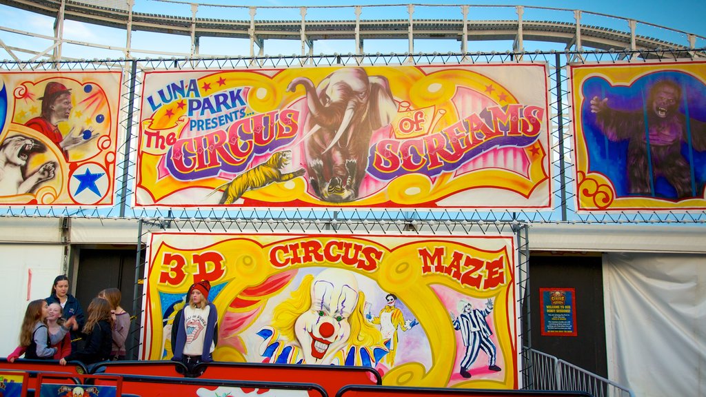 Luna Park featuring rides and signage