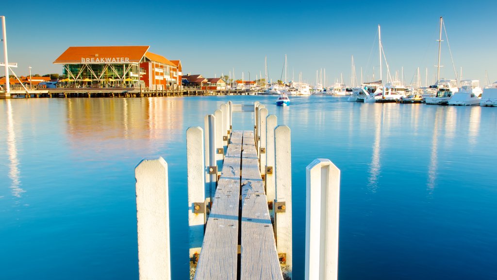 Hillarys Boat Harbour which includes a coastal town, a bay or harbour and boating