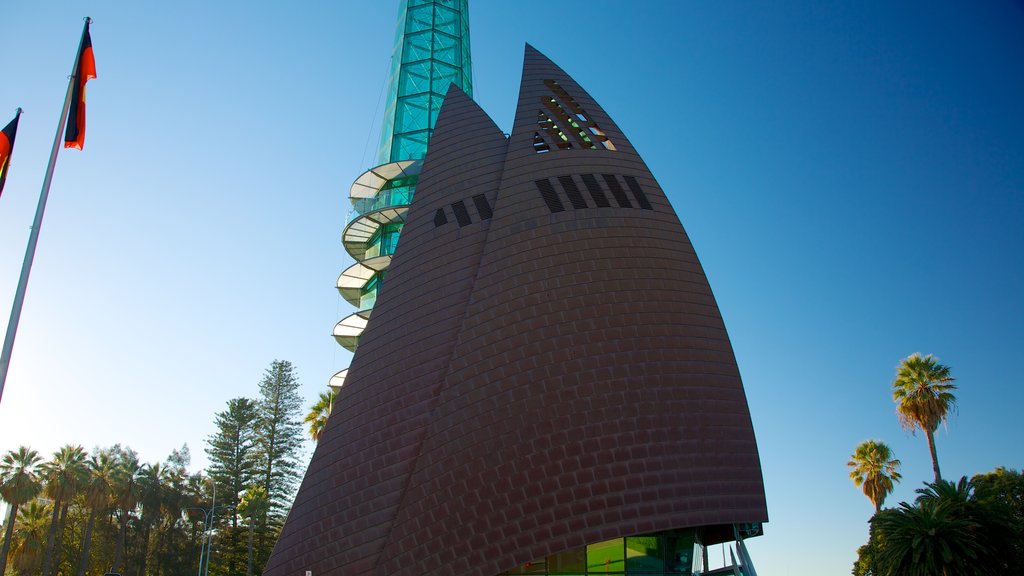 Swan Bells Belltower showing a city and modern architecture